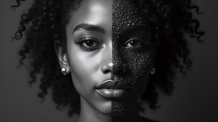 The image is a black and white portrait of a person with glitter on half of their face.