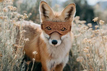 Naklejka premium Fox in intricate leather mask surrounded by wildflowers