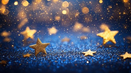 Blue night sky with gold stars background. a magical, dreamy blue night sky backdrop featuring a scattering of sparkling gold stars, perfect for creating whimsical designs. Twinkle. Illustration