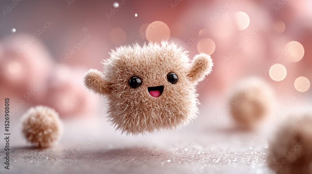 Poster a playful fluffy character with a cheerful smile and large eyes is surrounded by smaller, soft spher