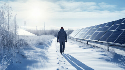 young woman with photovoltaic panels on background