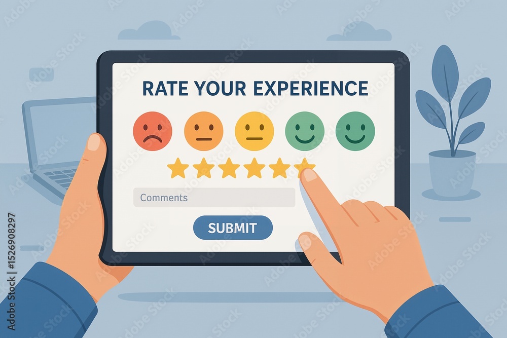 Poster digital feedback submission on tablet: user rates experience with five-star system in an office envi