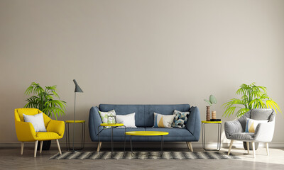 A cozy living room featuring a blue couch alongside yellow chairs