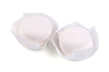 Zephyr Marshmallows in Paper Cups, isolated on white background.