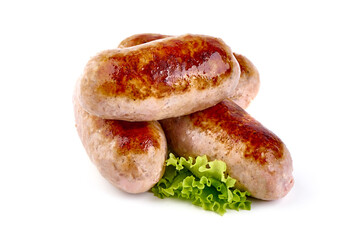Grilled sausages with lettuce, Isolated White Background.