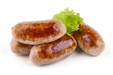 Grilled sausages with lettuce, Isolated White Background.