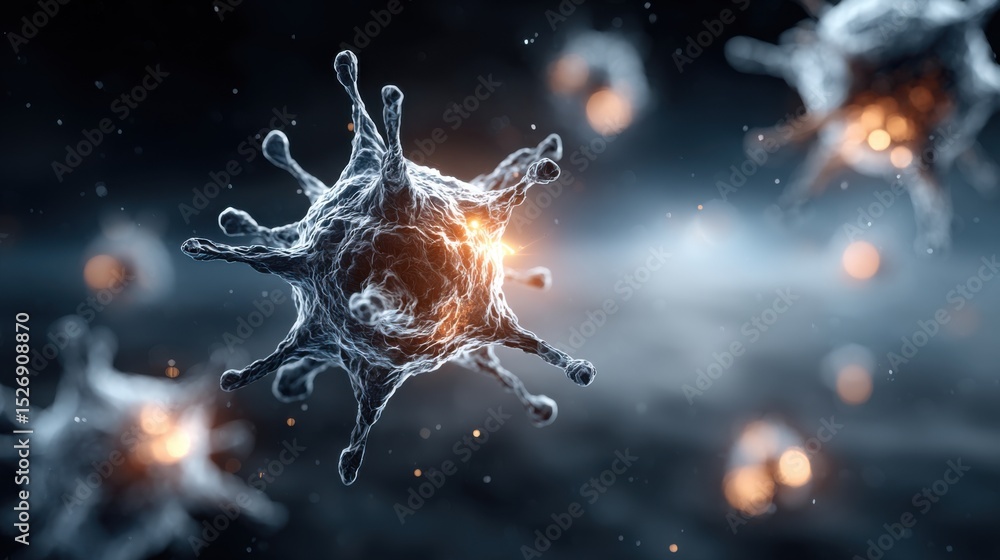Poster a close-up of active viruses showcasing their complex structures, with glowing particles illuminated