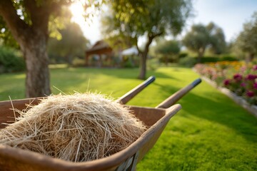 Sunny garden with wheelbarrow filled with straw by colorful flower bed