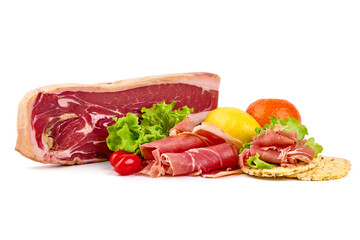 Prosciutto, Cured Jamon Meat, isolated on white background.