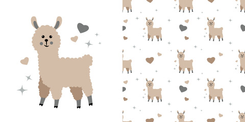 Seamless pattern with alpaca on a white background
