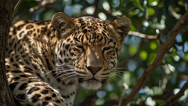 VEO 3 of a Leopard staring from tree branches in the jungle