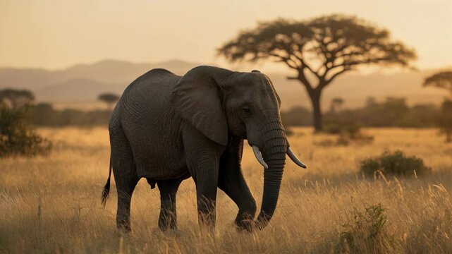 Elephant walking through the African savanna at sunset, 4K cinematic wildlife video