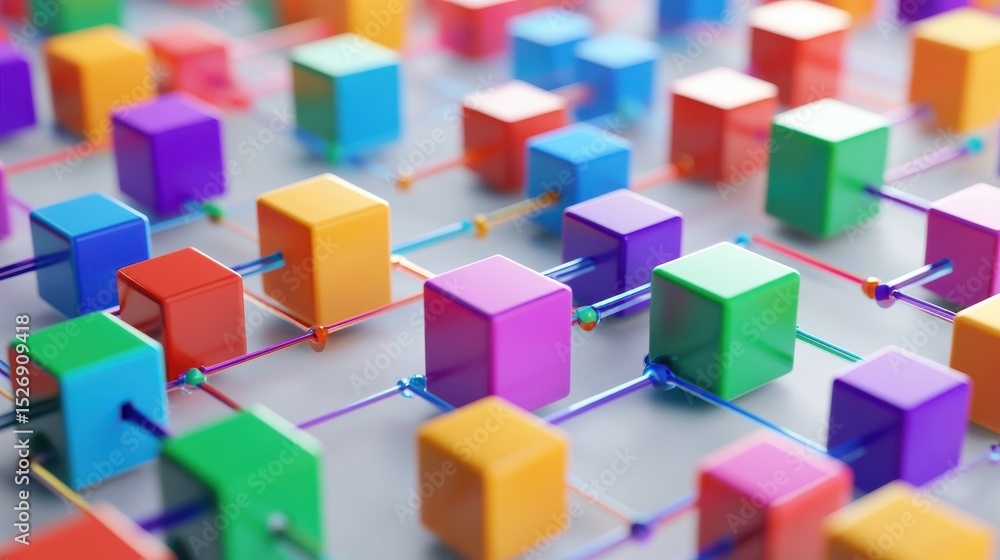 Poster a network structure made of colorful blocks connected to each other, symbolizing connection and inte