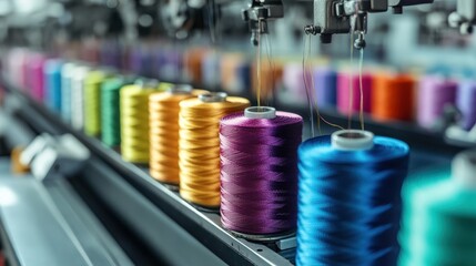 Multi colored reel thread set up at modern and automatic sewing or embroidery spinning machine textile industry factory concept,