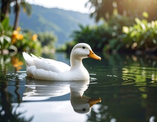 White duck on tranquil pond