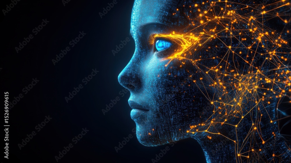 Poster side view of a humanoid head with blue and yellow eyes and vibrant neon neural network, representing