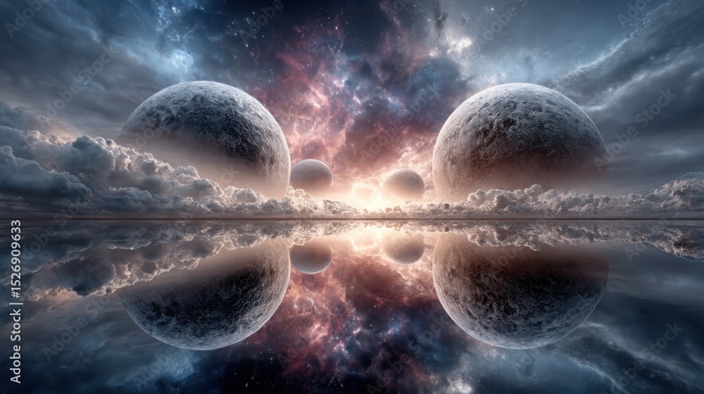 Aufkleber a breathtaking cosmic scene showcases several planets surrounded by colorful nebula clouds. their re