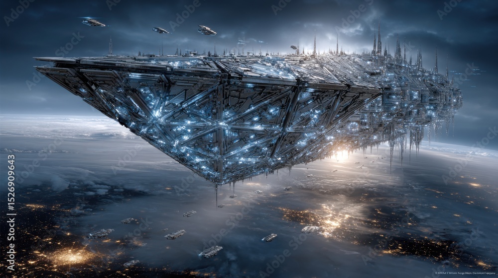 Aufkleber a large, triangular spaceship hovers over earth, illuminated by numerous lights. smaller spacecraft 