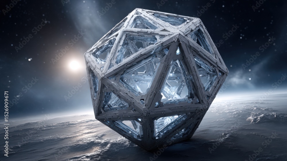 Poster a complex geometric structure floats in space, illuminated from within, surrounded by a starry backd