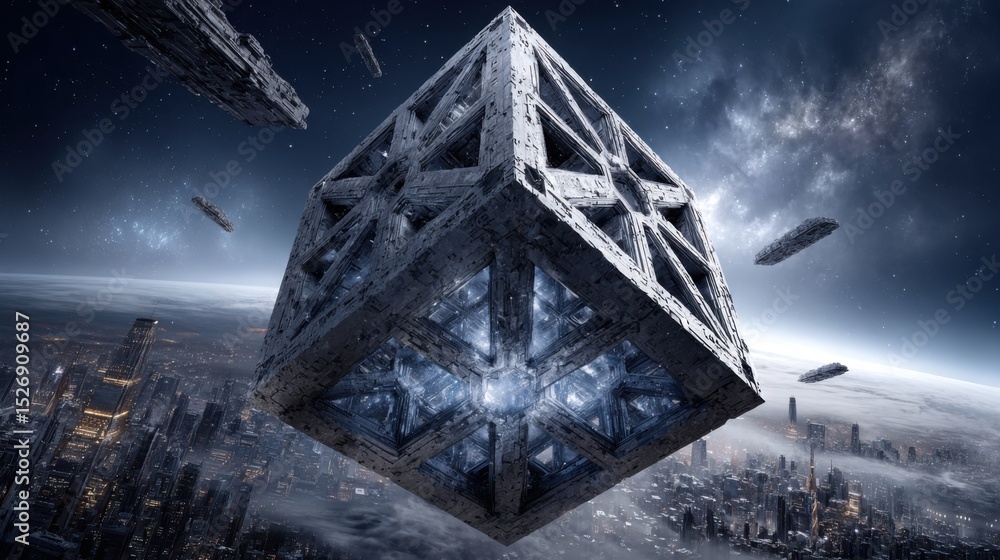 Poster a massive cube structure hovers above a futuristic cityscape, illuminated by bright lights. spaceshi
