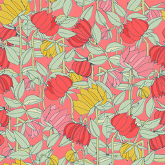 Seamless pattern with hand drawn meadow bold flowers. Colorful illustrations on blue background for surface design and other design projects