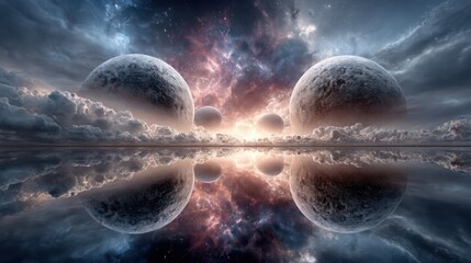 A breathtaking cosmic scene showcases several planets surrounded by colorful nebula clouds. Their reflections can be seen on the calm water surface, creating an enchanting visual experience.