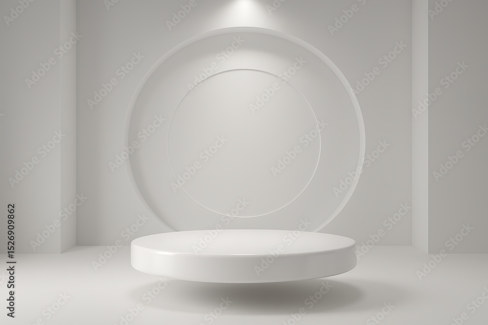 Poster minimalist podium display with a white round stage and geometric circle against a clean wall perfect