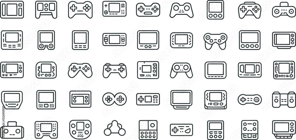 Poster collection of outlined vector illustrations featuring retro game consoles and controllers