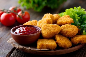 Crispy chicken nuggets with fresh lettuce, tomatoes, and dipping sauce on wooden platter