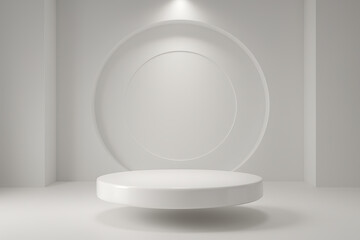 Minimalist Podium Display with a White Round Stage and Geometric Circle Against a Clean Wall Perfect for Product Showcase Presentation or Elegant Event Background Design