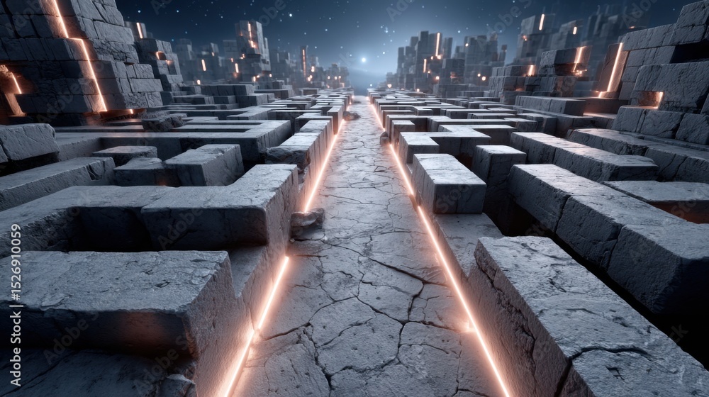 Poster intricate stone structures create a maze-like environment with glowing paths illuminating the way. t