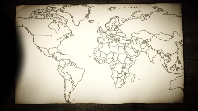 World Map Outline, Countries, Continents, Global, Paper, Sketch, Dark, Background, Illuminated,