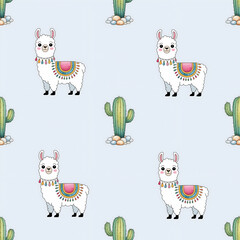 Delightful llamas and vibrant cacti create a whimsical seamless pattern on a light blue background Generative AI