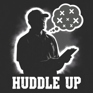 Huddle Up Coach Art &ndash; High-Contrast Clipboard Silhouette with X-O Play Bubble | Black & White Vector Design

