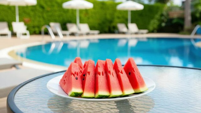 Refreshing summer watermelon slices by the poolside in a sunny backyard oasis