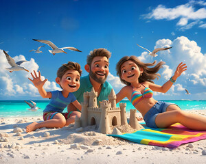 family having fun on the beach, good relationship on vacation trip. 3D style