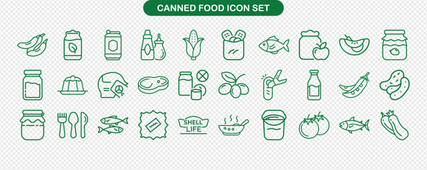 Canned Food Green Outline Icon Set on Transparent Background, Preserved Foods and Kitchenware