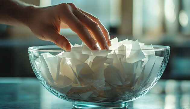 Hand reaching clear glass bowl filled white paper slips. Slip represents potential winner. Random selection, luck, chance concept, lottery, drawing, raffle. Business, finance, games, entertainment. - Powered by Adobe