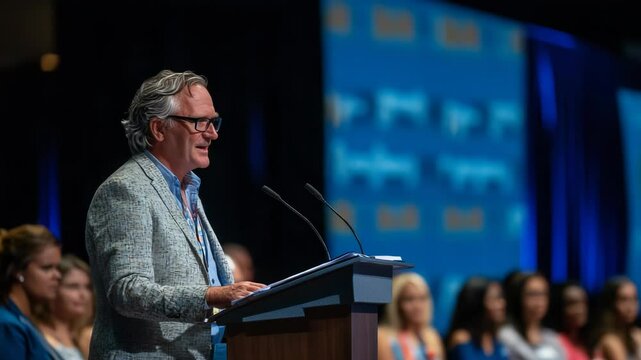 A speaker passionately addresses a large audience at a conference, highlighting key topics and engaging with attendees in a professional setting
