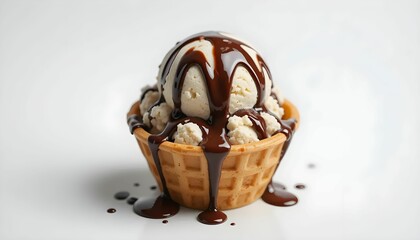 Melting ice cream with chocolate drizzle in waffle cup, clean white background.