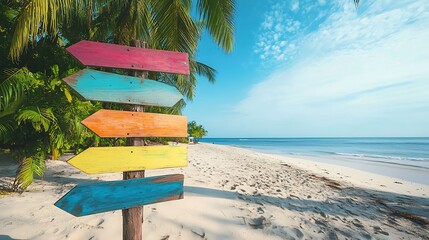 Colorful wooden signpost on tropical beach. Summer vacation concept.