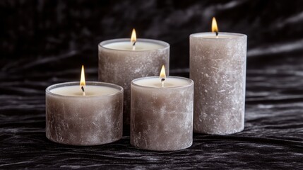 Four gray textured candles on a dark background.