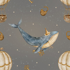 Pattern watercolor vintage blue whale, balloon, key, lock. Seamless print beige pastel colors. Hand drawn illustrations for design textile dark, brown background fabric packaging clothes