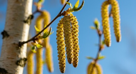 Naklejka premium Birch tree blooming with catkins against a blue sky, symbolizing pollen allergy