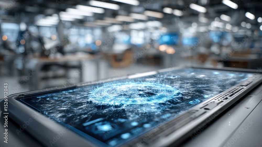 Poster a high-tech touchscreen interface shows intricate holographic graphics and data patterns in a modern