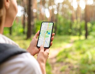 Woman using map app in forest