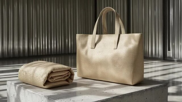 Gold-toned textured tote bag and blanket on concrete display