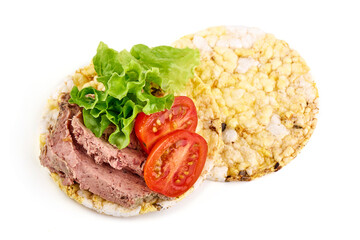 Rice cake with liver pate, isolated on white background