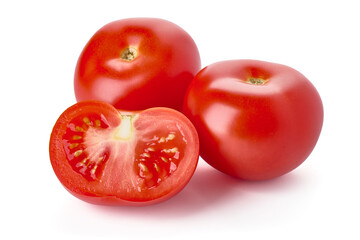 Juicy red tomatoes, isolated on white background.