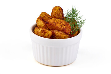 Golden roasted potato wedges, isolated on white background